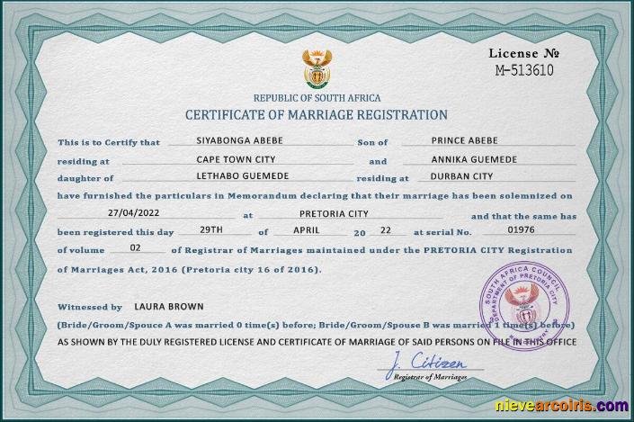 South Africa marriage certificate
